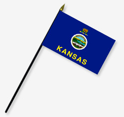 8 x 12 in. Rayon Kansas Flag. Mounted on 18 in. Black Wooden Staff with Gold Spear Tip
