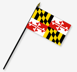 8 x 12 in. Rayon Maryland Flag. Mounted on 18 in. Black Wooden Staff with Gold Spear Tip