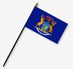 8 x 12 in. Rayon Michigan Flag. Mounted on 18 in. Black Wooden Staff with Gold Spear Tip
