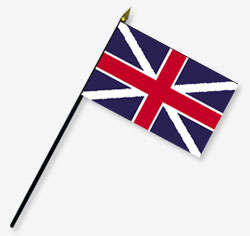 4 x 6 in. British Union Jack , Kings Colors Flag. Mounted on 10 in. x 3/16 in. Dia. Black Staff