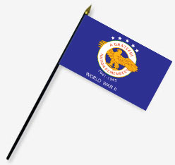 4 x 6 in. Rayon WW2 Commemorative Flag.  Mounted on 10 in. Black Plastic Staff with Gold Spear