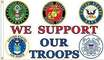 3 x 5 ft. Nylon Support our Troops Flag. Printed, Canvas Heading and Brass Grommets