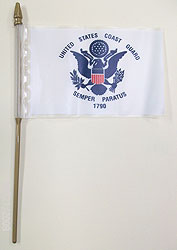 4 x 6 in. Hand Held Budget Coast Guard Flag. Poly-Plastic on Gold 3/16 in. X 10 in. Staff with Spea