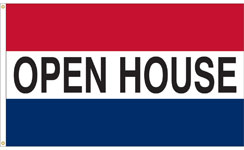 3 x 5 ft. Nylon Open House Horizontal Message Flag, RWB. Printed, Canvas Heading and Brass Grommet