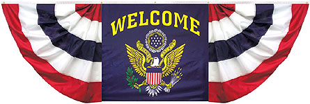 3 x 9 ft. Cotton Pleated Fan Drapes Sewn Stripes, Printed Center Panel. Canvas Heading and Grommets