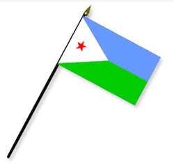4 x 6 in. Rayon Djibouti Flag, Mounted on 10 in. Black Plastic Staff with Gold Spear Tip
