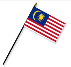 4 x 6 in. Rayon Malaysia Flag Mounted on 10 in. Black Plastic Staff with Gold Spear Tip
